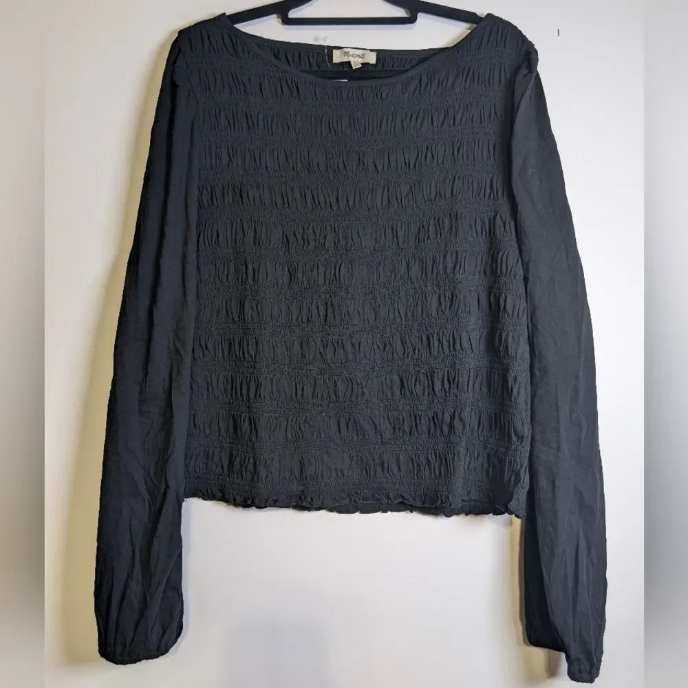 Madewell Smocked Boatneck Puff Sleeve Top Jet Black Slim XL Minimalist Feminine